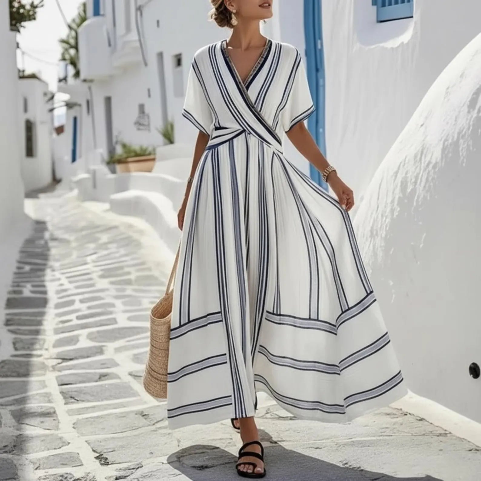 Striped A-Line Midi Dress • Flowy Resort Wear Vacation Outfit
